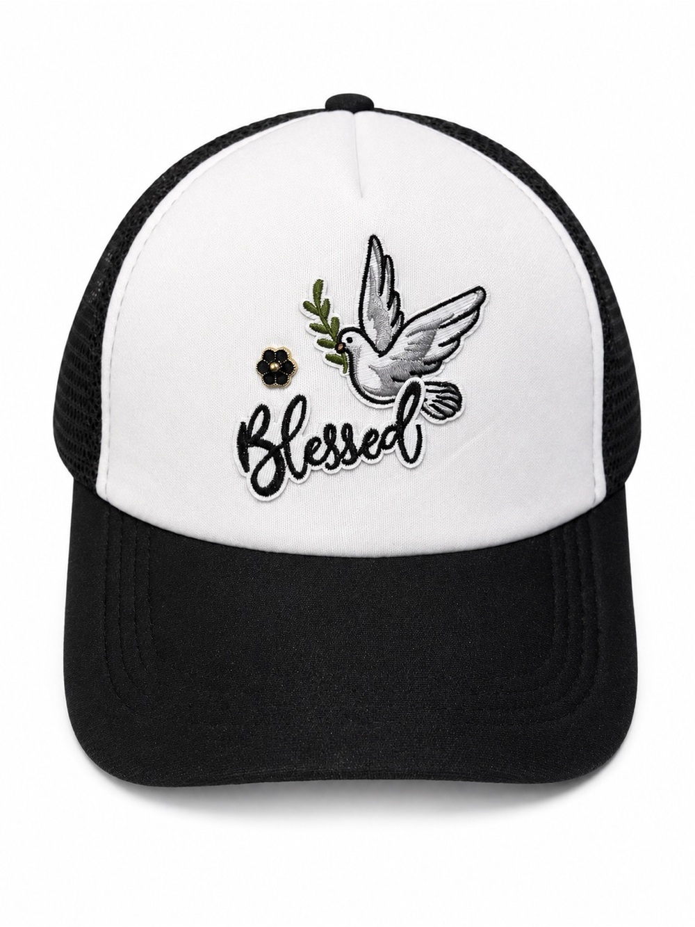 Hand Crafted White and Black 'Blessed' Dove Trucker Hat